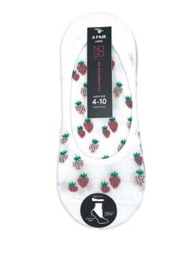 No Boundaries White Liner Socks with Pink & Green Strawberry Print - 6 Pair
